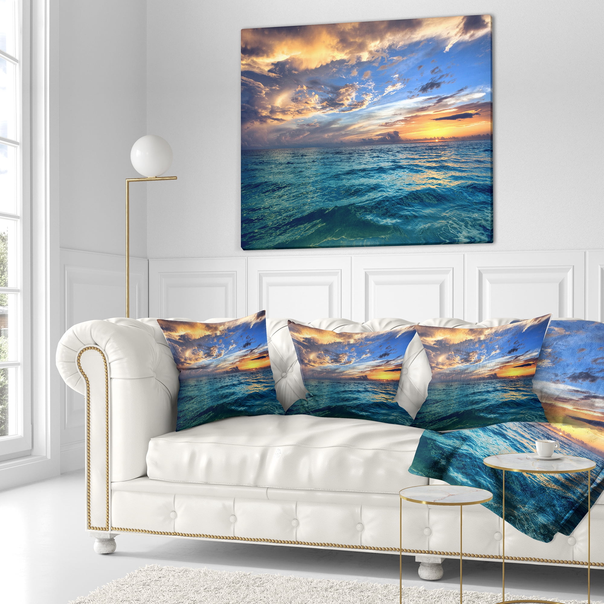 Designart Exotic Tropical Beach at Sunset - Modern Seashore Throw Pillow - 16x16