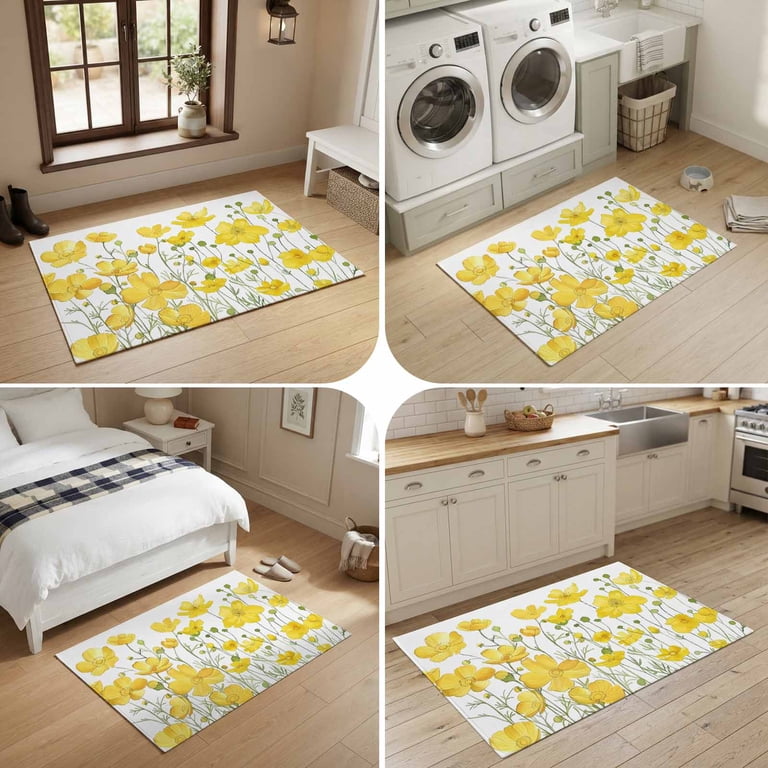 2x3 Washable Area Rugs,Watercolor Yellow Blossom Flower Non-Slip Ultra ...