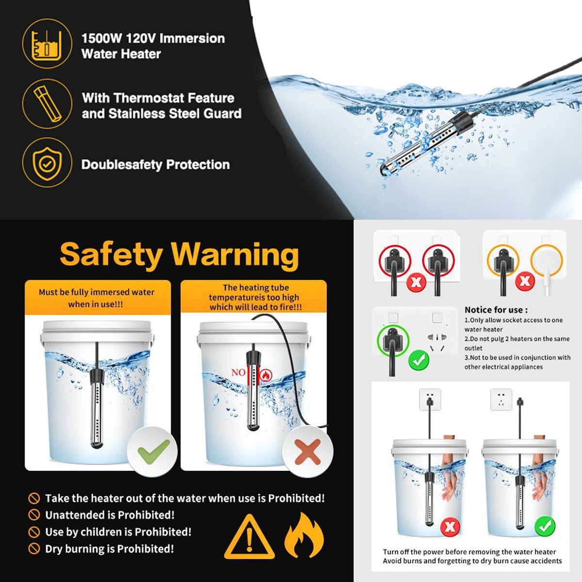 2000W Electric Immersion Water Heater with Timer & LCD Thermometer - Stainless Steel Guard for Bucket, Bathtub, Pool, Camping - 110V Portable Instant Heating Rod，Black