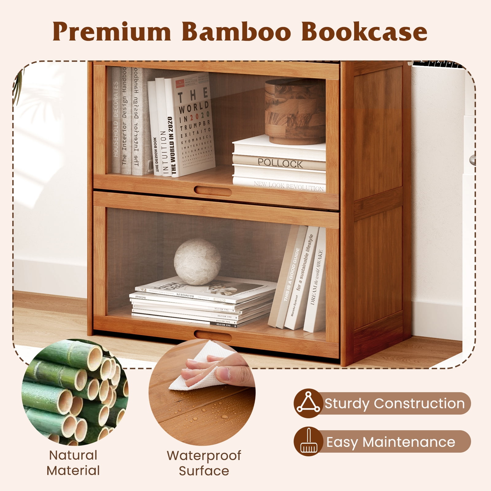 Gymax 4-Tier Bamboo Bookshelf w/Doors See-through Acrylic Doors Freestanding Bookcase Brown