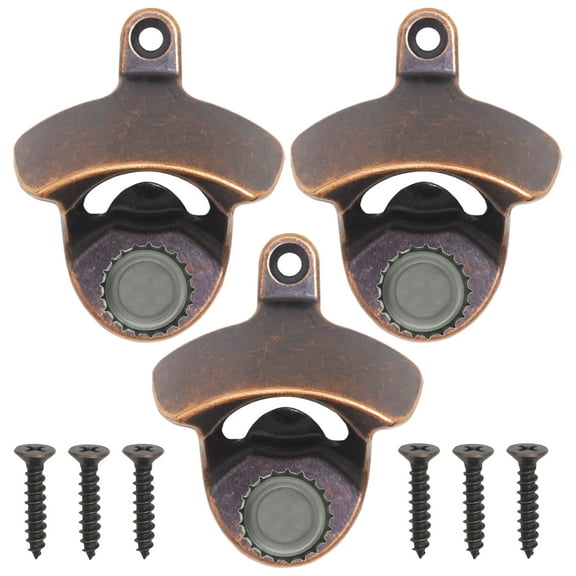 Luwanburg Rustic Magnetic Bottle Opener Wall Mounted Antique Copper Beer Cap Opener with Magnets Post Mounted for Cooler ( Pack of 3 )