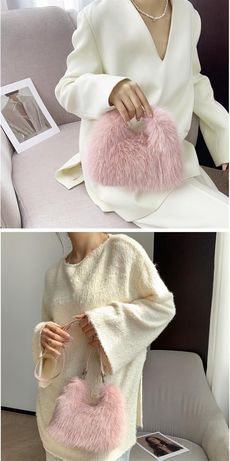 Women Small Faux Fox Fur Clutch Bag Mini Furry Evening bag Plush Shoulder Bag Crossbody Bag Hobo Bag Handbag