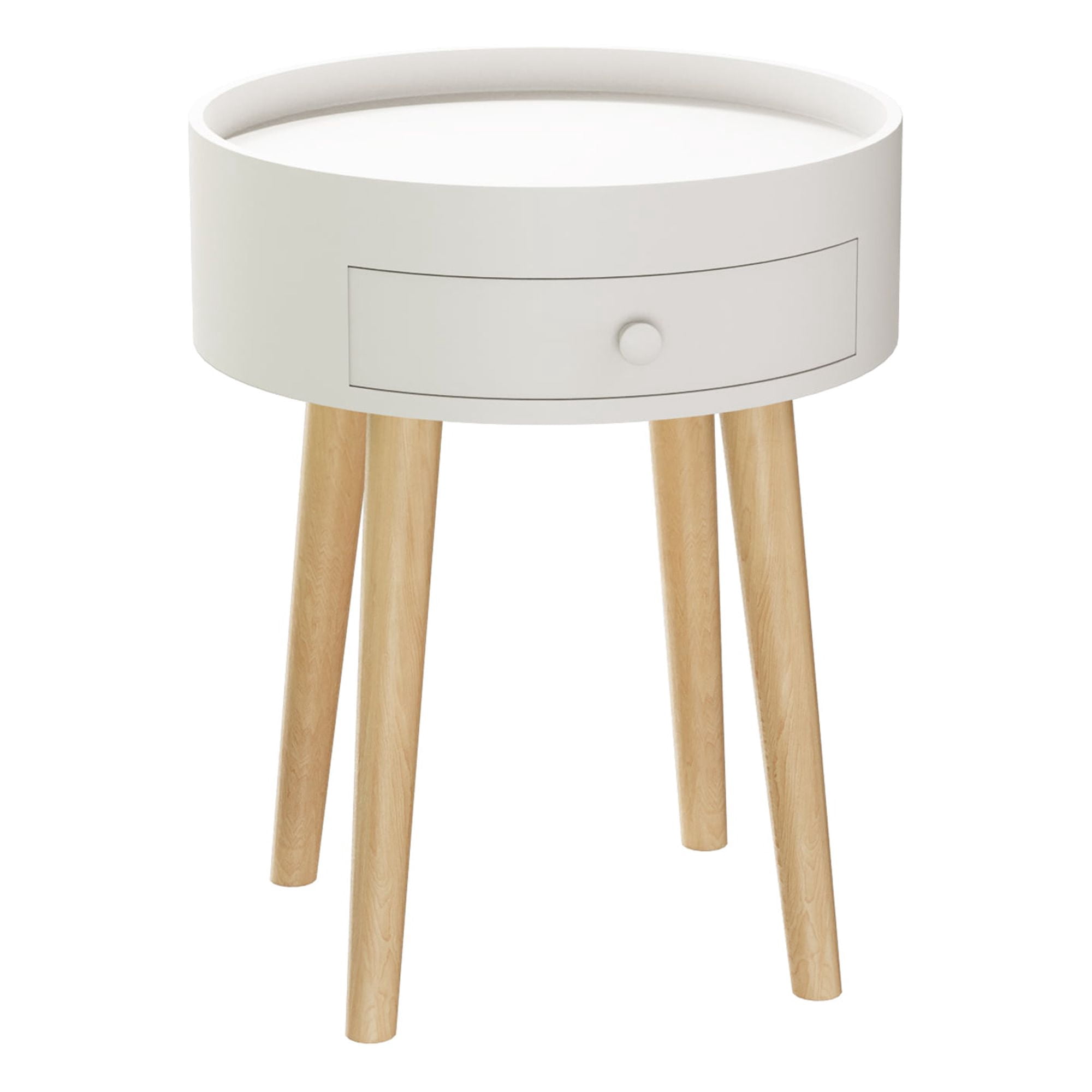 18"H Nightstand with Storage Drawer & Oak Legs Bedside Table, Sofa Side Coffee Table for Bedroom, Living Room, White
