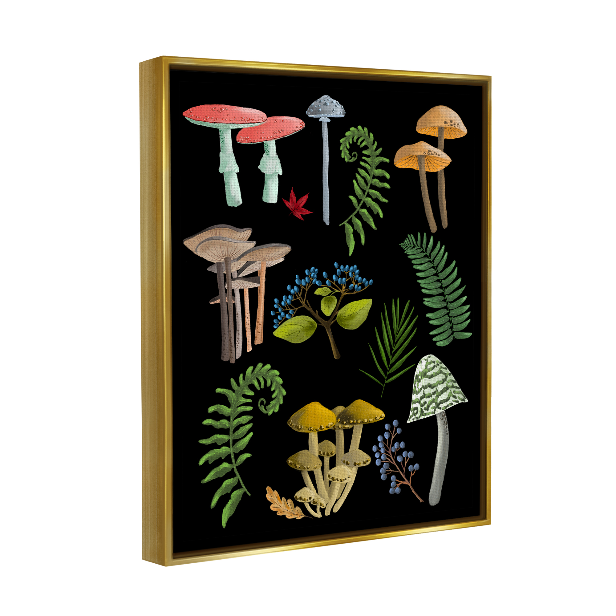 Stupell Industries Forest Mushrooms & Plants Botanical & Floral Painting Gold Floater Framed Canvas Art Print Wall Art, 25 x 31
