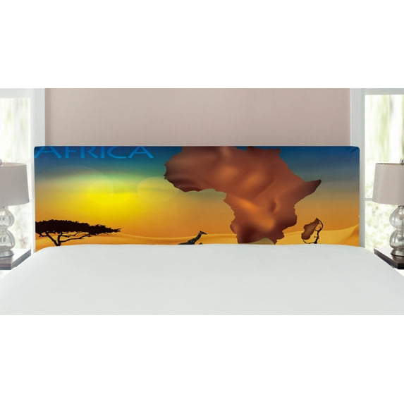 Safari Headboard, Savanna Giraffes Exotic Tropic Lands Culture Wild Nature Art Illustration, Upholstered Decorative Metal Bed Headboard with Memory Foam, King Size, Orange Chocolate Blue, by Ambesonne