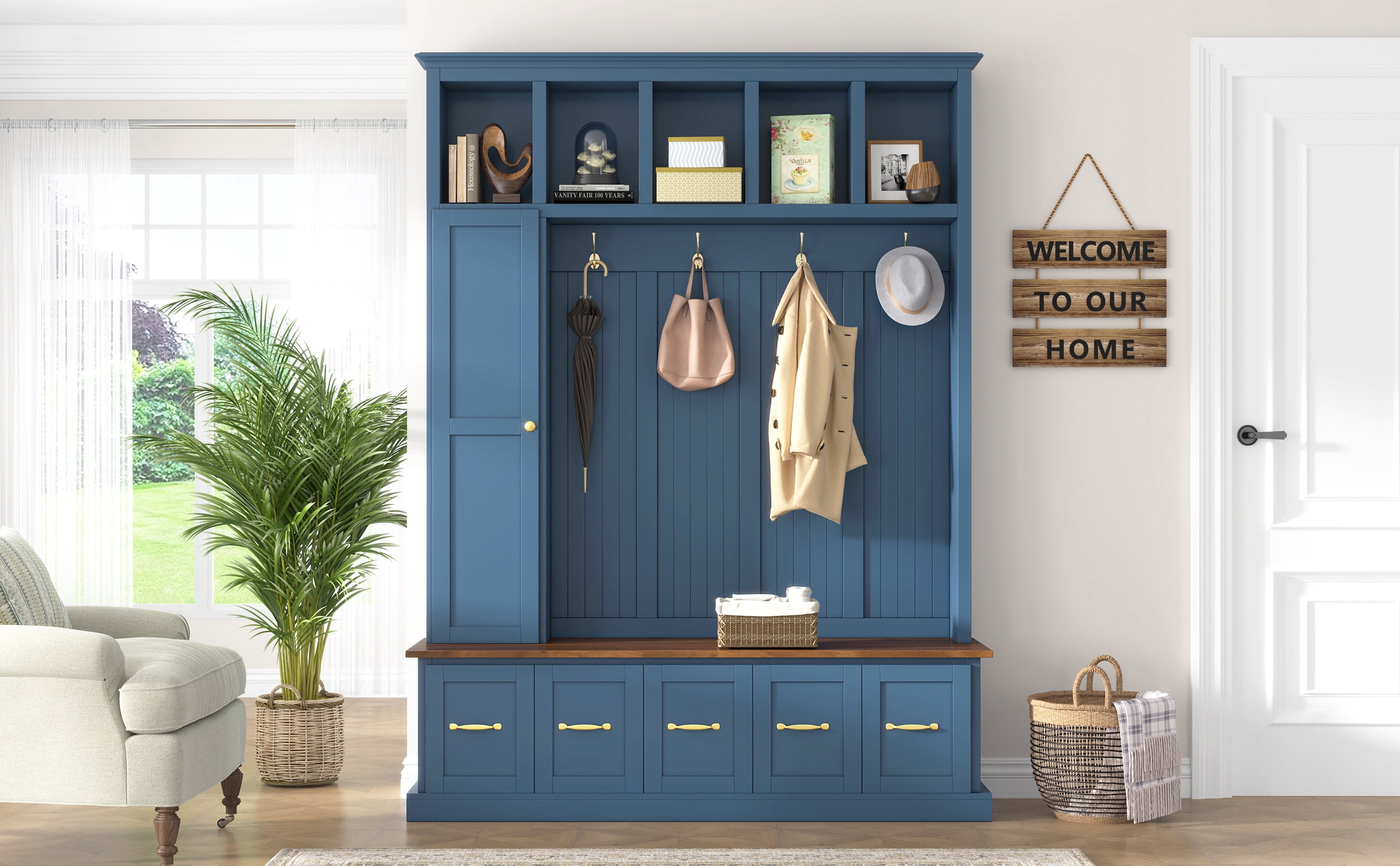 Mintazer 78.7” Tall Farmhouse Entryway Hall Tree with Coat Rack Hooks, 2 Closet, 5 Drawers & Shoe Storage Bench for Living Room, Bedroom, Hallway, Navy Blue