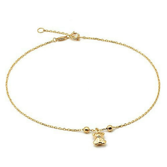 LOVEBLING 10K Yellow Gold .50mm Diamond Cut Rolo Chain w/Teddy Bear Charm Anklet Adjustable 9" to 10" (#9)