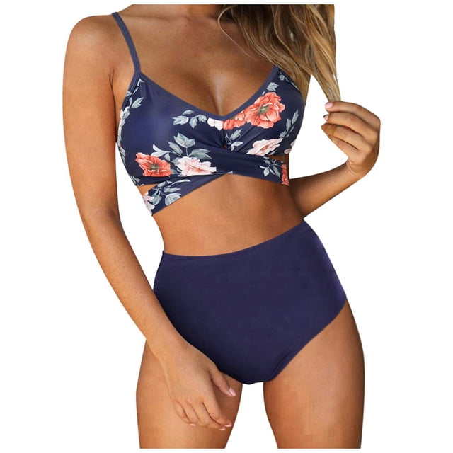Maillot de Bain 2 Pcs pour Femmes Taille Haute Croisée à Fleurs