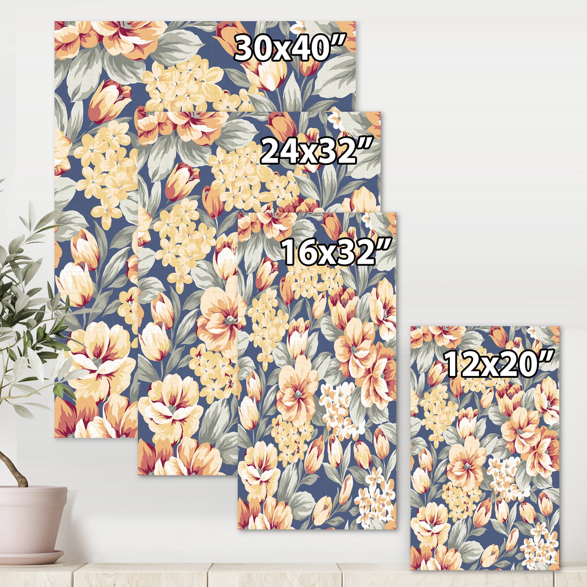 Designart ' Vintage Orange and Yellow Flowers ' Traditional Canvas Wall Art Print