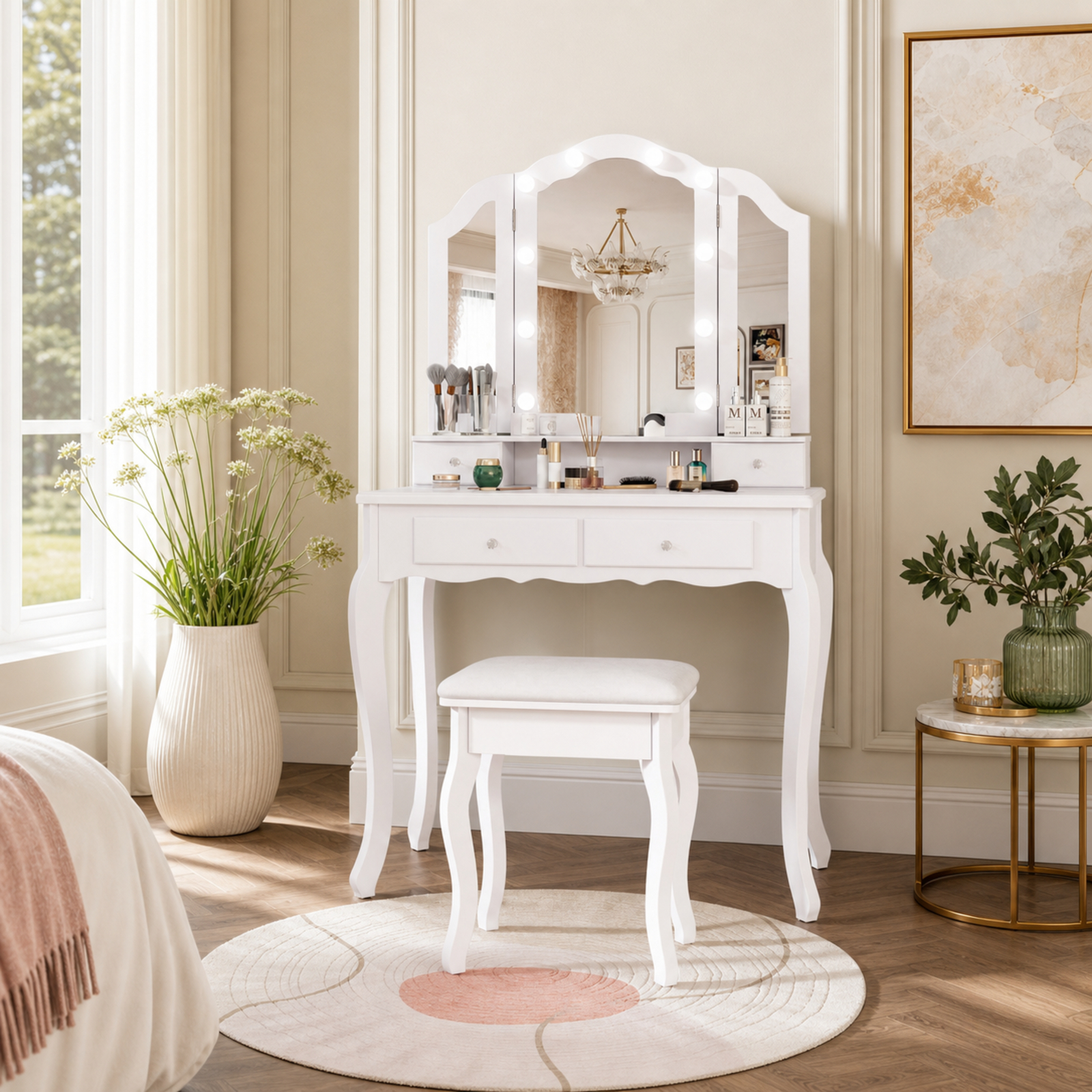 Furnibear Makeup Vanity Table Set with Lighted Mirror and Drawers for Bedroom Makeup Dressing Room Vanity Desk Mirror Set, White