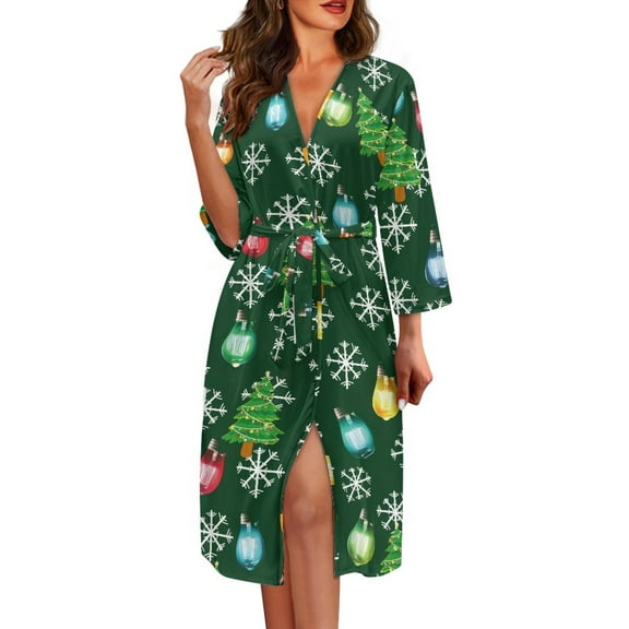 Yuyamidu Snowflake Womens Robes Comfy V-Neck Bathrobe Colorful Light Long Sleeve Gowns for Women Sleepwear Christmas Housecoat Sexy Pajama Nightgown Size 2XL, Green