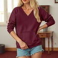 thumbnail image 4 of larppty V Neck Sweatshirt Women Pocket No Hood Oversized Pullover Casual Soft Long Sleeve Tops With Pockets Fall Fashion (Wine, XXL), 4 of 7