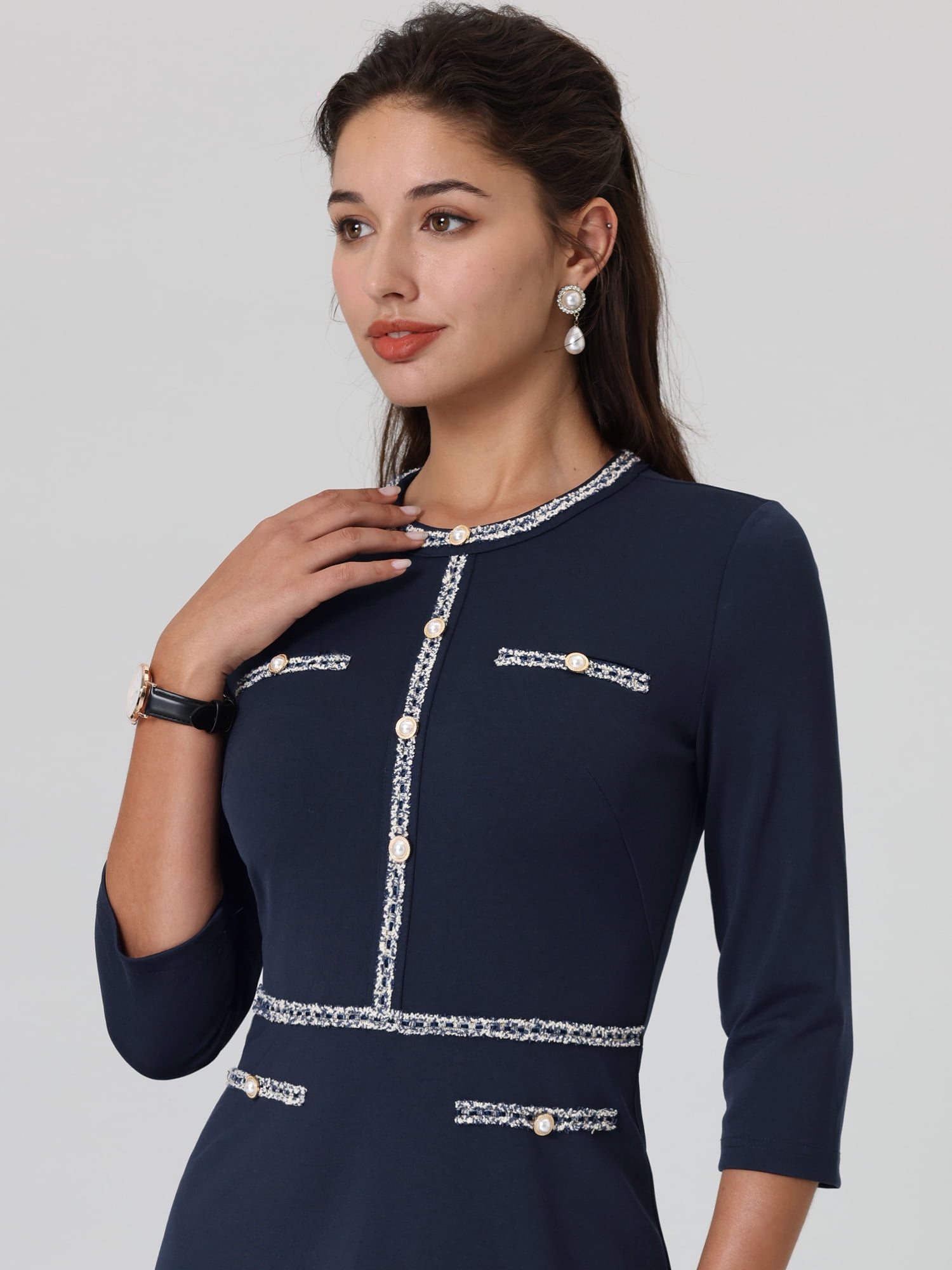 DARING DIVA Women's A-Line Contrast Color Tweed Trim Dress L Navy Blue