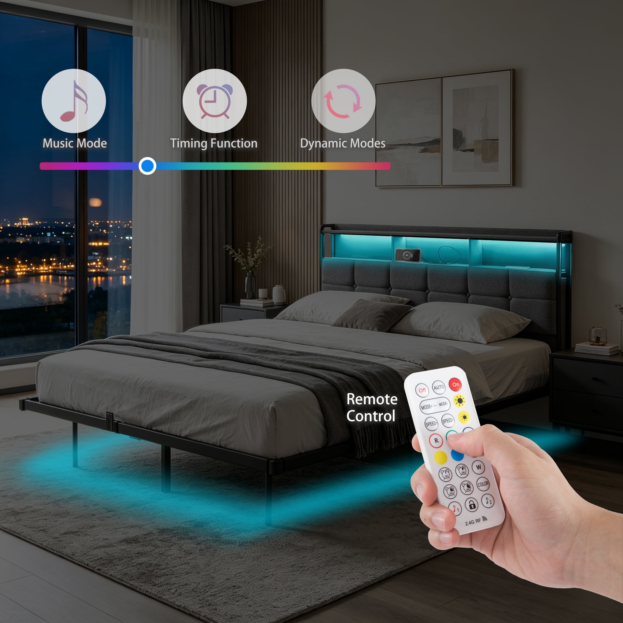 Gewnee Queen Size Bed Frame with RGB LED Lights & Charging Station,Platform Metal Bed Frame with Storage Headboard for Bedroom,No Box Spring Needed.