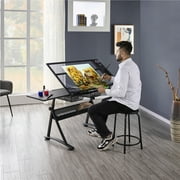 Alden Design Adjustable Glass Top Drafting Table with Stool, Black