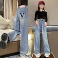 thumbnail image 2 of Atogsazn Children's Girl Wide Leg Jeans Kids Casual Lightweigt Denim Pant Elastic Waisted Trouser with Pocket Clothing 05-Blue 10-11Years Fashion, 2 of 4