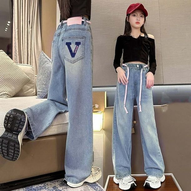 Cowsor Girls Baggy Jeans Distressed Denim Pants Elastic Waist Wide Leg Jeans for Girls Kids Loose