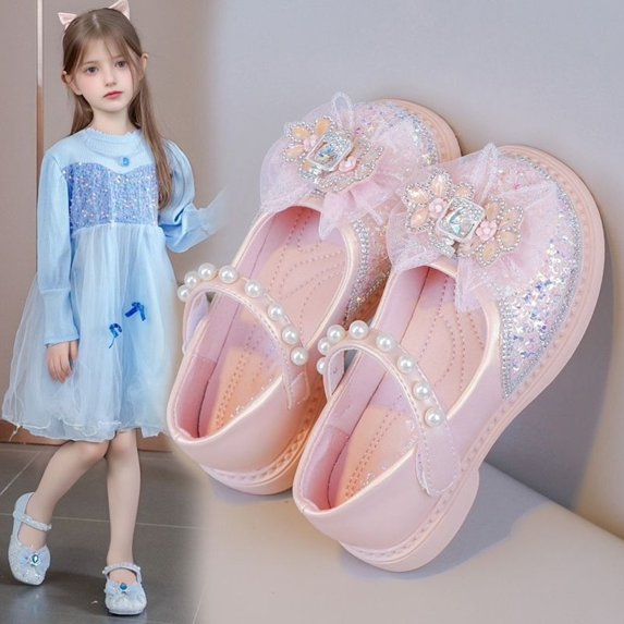 Krdevn Girls' Glitter Crystal Mary Jane Flats, Soft Sole Princess Dress Shoes with Pearl Strap & Flower Bow, Rhinestone Party Shoes for Kids,Sizes 10.5