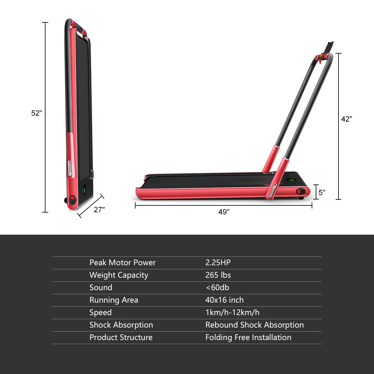 Gymax 2.25HP Under Desk Electric Pad Treadmill Running Machine Red