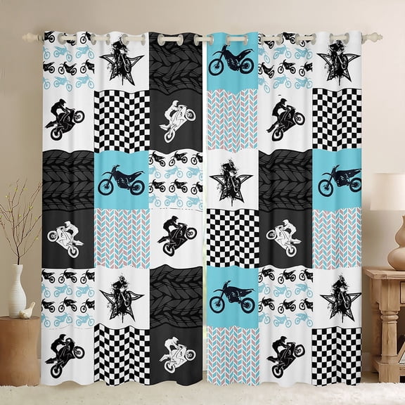 Manfei Modern Motorcycle Print Curtains Pack of 2 (42x84 Each), Checkered Flag Curtains Blackout, Dirt Bike Lover Bedroom Curtains, Curtains and Drapes Room Decor