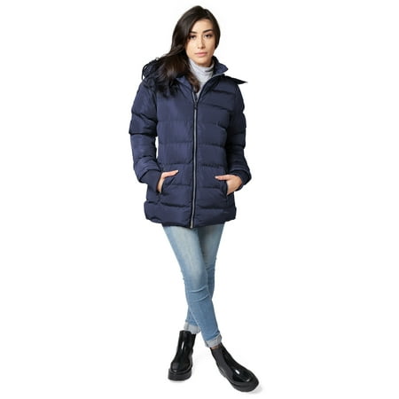 The Whole Shebang Women's Puffer Winter Coat with Faux-Fur Trim Hood, Zip Front; Long Sleeve, Warm, Vegan Down M