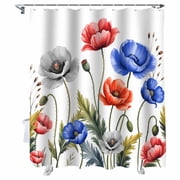 Shower Curtain Red Blue Poppy FLoral Shower Curtains for Bathroom Bathtub, Waterproof Fabric Shower Curtain Set with Hooks, Extra Long 72" x 84" Nature FLoral Leaves