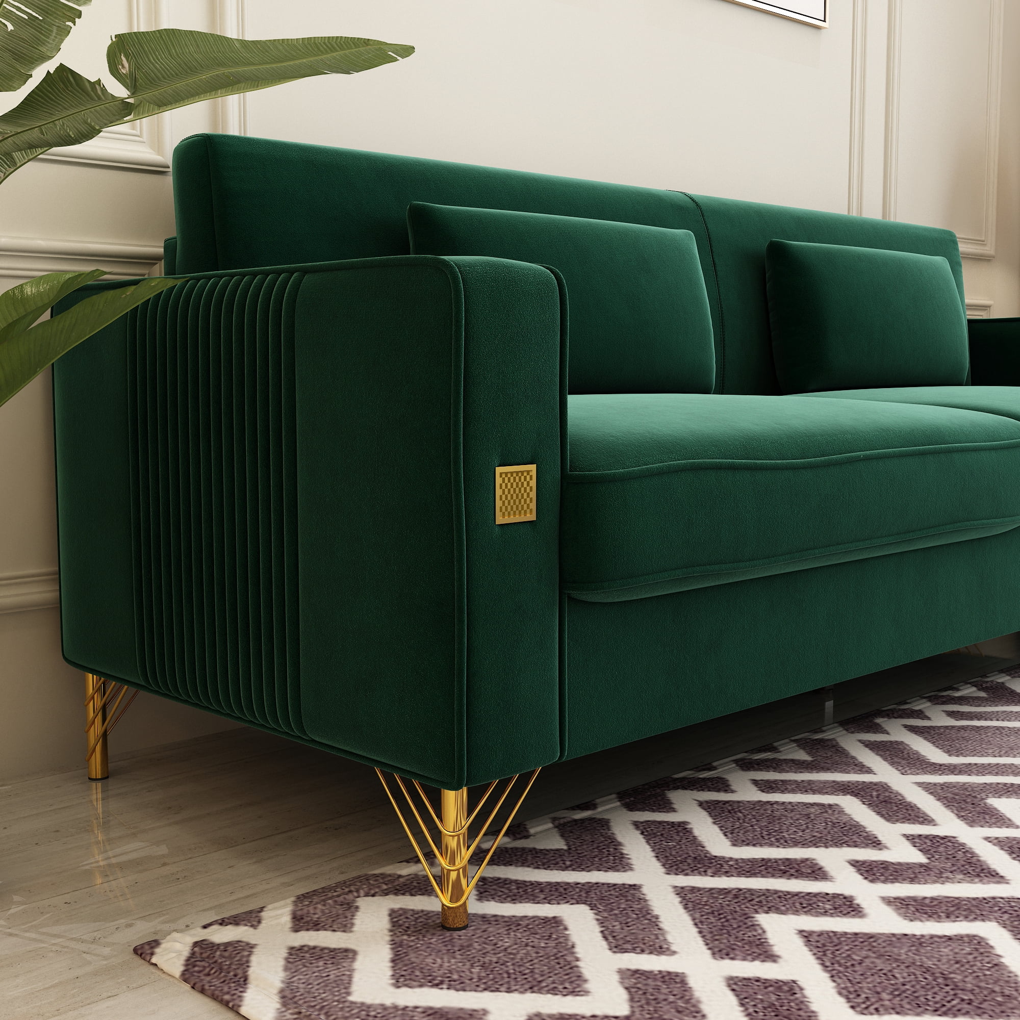 Modern Velvet Upholstered Sofa Couch with Pillows Removable Cushions and Gold Metal Legs for Living Room Office Apartment