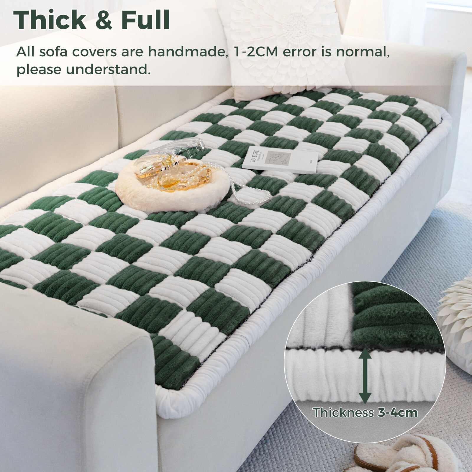 ANMINY Thick Fuzzy Checkered Couch Cover, Non-Slip Nordic Cream Sofa Protector Mat, Soft Flannel Furniture Cover