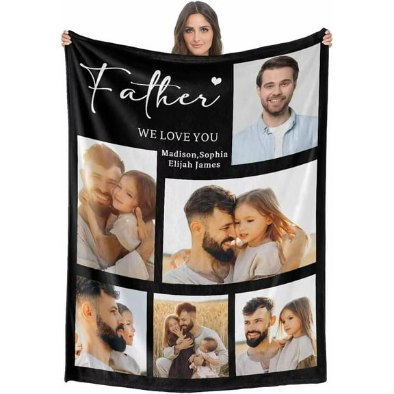 AISENIN Custom Throw Blanket with Photo Customized Father We Love You 6 Photos Fleece Blankets for Dad Father Husband Boyfriend Personalized Fathers Day Birthday Gifts