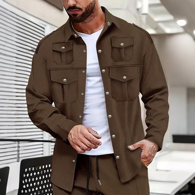pstuiky mangas largas para hombre, Chaqueta tipo cárdigan de manga larga con solapa y botones, color liso, para hombre, con múltiples bolsillos Tops de hombre m