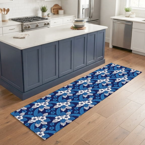 Hallway Runner Rug 2'x6', Watercolor Floral Kitchen Runner Rugs Non-Slip Carpet Mats, Summer Tropical Monstera Leaves Blue Bedside Rugs Runners Washable Floor Carpet for Bathroom Laundry Room
