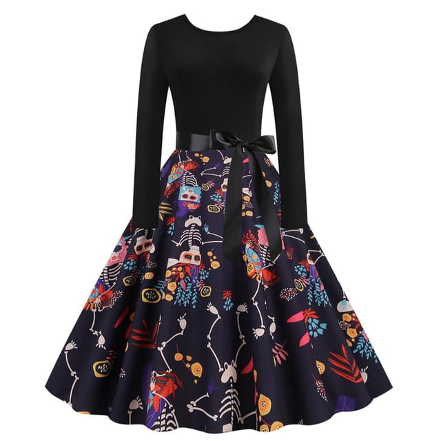 Vestido de mujer con cuello redondo y estampado de Halloween, manga larga, cintura alta, cinturón con lazo Fridja yut1220
