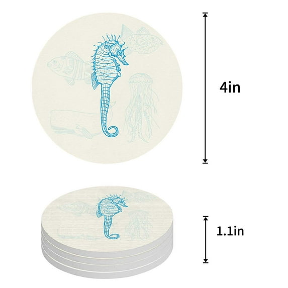 FMSHPON Ocean Blue Gradient Wooden Plank Please Remove Your Shoes Set of 4 Round Coaster for Drinks, Absorbent Ceramic Stone Coasters Cup Mat with Cork Base for Coffee Table Bar Decor