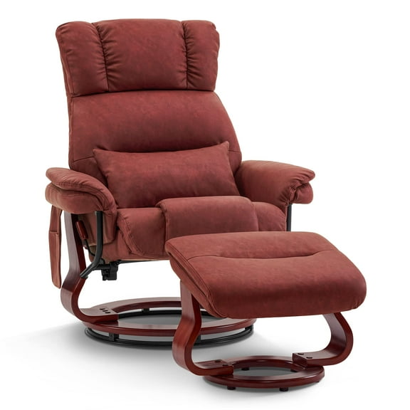 MCombo Swivel Recliners with Ottoman, Reclining TV Chairs with Vibration Massage, Faux Leather Ergonomic Lounge Chair for Living Room Bedroom 4832(Burgundy)