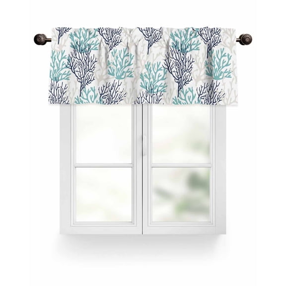 Teal Blue Grey Coral Pattern Kitchen Valances for Windows Tropical Ocean Summer Valance Curtains  for Kitchen /Living Room/Bedroom/ Bathroom Decor, 42"x12 " ,Rod Pocket 1 Panel,