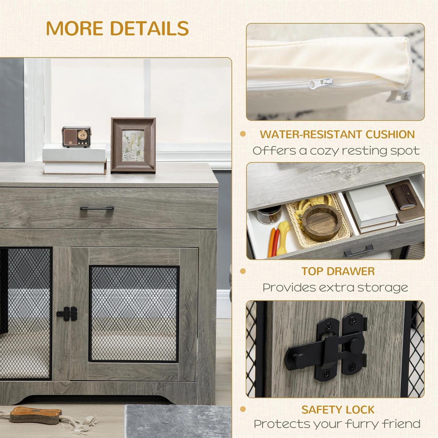 Pefilos 37" Dog Crate Furniture with Soft Water-Resistant Cushion, Drawer, Wooden Kennel Table, Indoor Dog House for Small Dogs, Gray