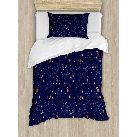 Astrology Duvet Cover Set, Solar System Planet Astronomy Cosmos Galaxy Mysterious Universe, Decorative Bedding Set with Pillow Shams, Dark Blue Orange Turquoise, by Ambesonne