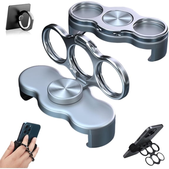 Dual-Ring Three-Finger Back Clip Holder, Multipurpose Foldable Phone Grip Holder, 360° Rotation Cell Phone Ring Holders Stand for Car, Desk, Office, Gym, Kitchen (Silver)