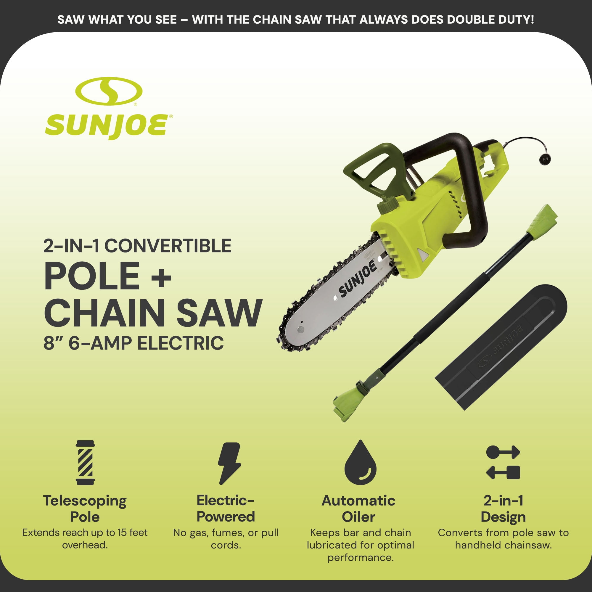 Sun Joe 8 Inch Electric Convertible Pole Chain Saw, 2-in-1 Cutting