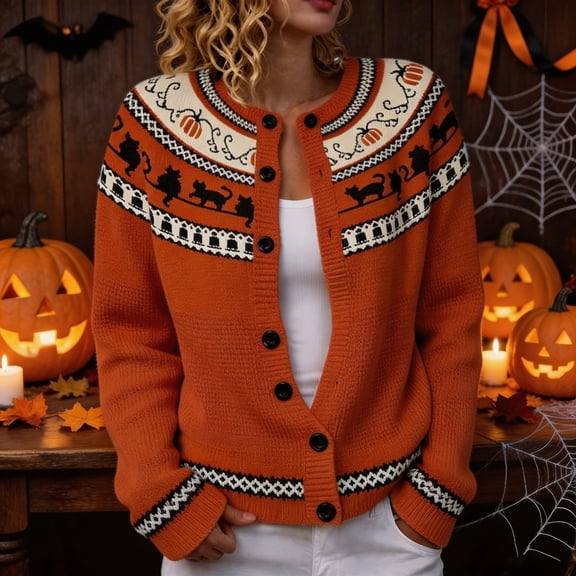 WERYOUNG Halloween Cardigan Sweaters For Women Pumpkin Cat Prints Long Sleeve Open Front Button Down Knit Cardigans Ladies Daily Wear Comfortable Fall Tops For Women,Size L