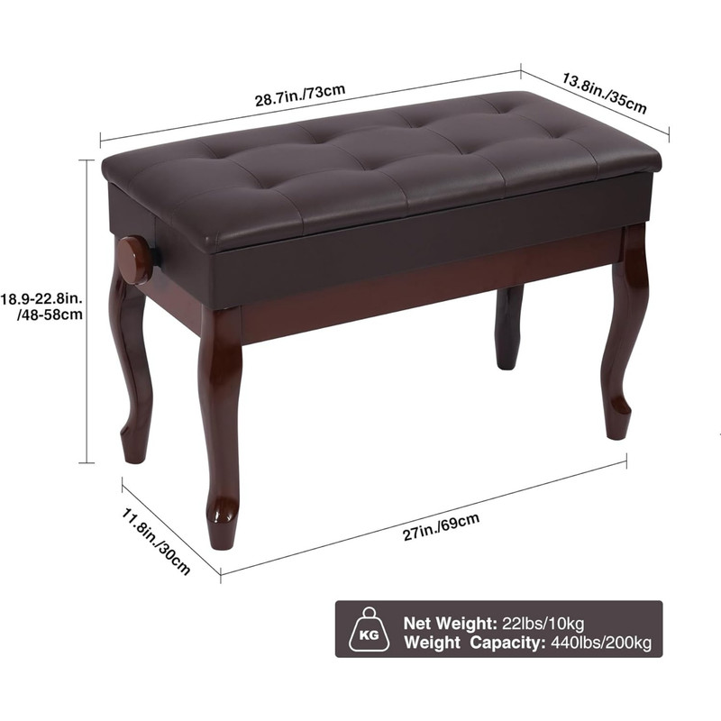 REDCAMP Adjustable Duet Piano Bench with Storage,Heavy Duty Wooden Double Keyboard Piano Bench Seat with PU Leather Cushion,Brown