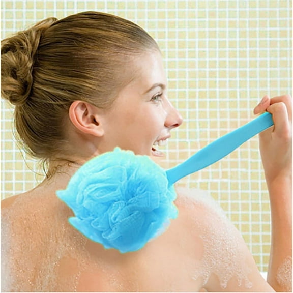 Trianu Long Handle Bath Shower Loofah Sponge, Exfoliating Back Scruber On a Stick Shower Brush for Women and Men, Bathroom Shower Accessories, Blue
