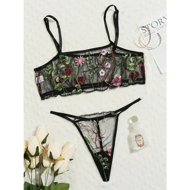 See Through Bra and Panties Underwear Floral Embroidery Langerie