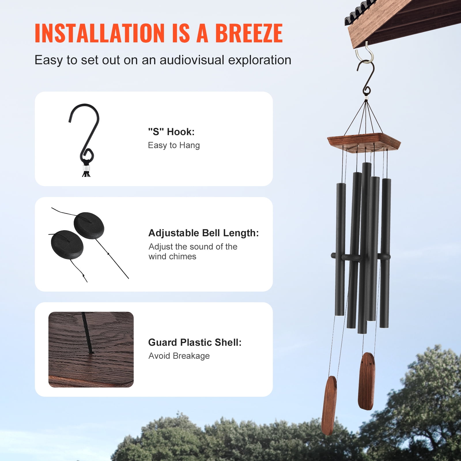 KFFKFF Outdoor Wind Chimes, 1220 mm, Richly Toned Wind Chimes with 5 Tubes, Distinctive Large Commemorative Wind Chimes for Celebrations, Remarkable Exterior Adornment, Black