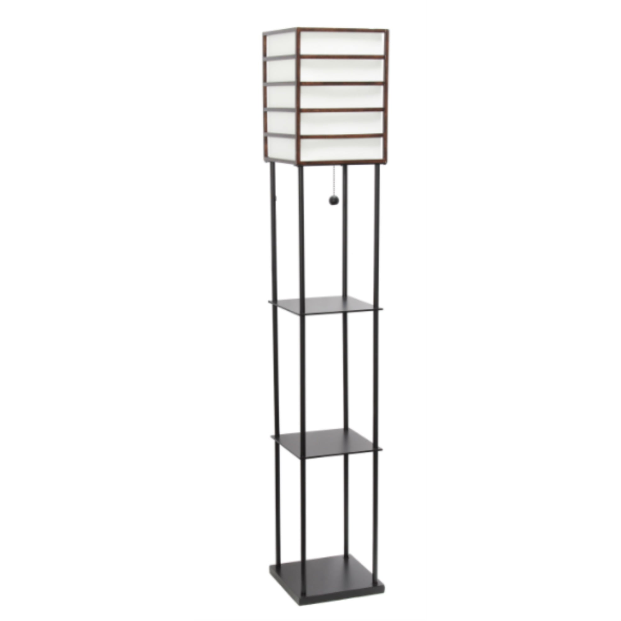 Lalia Home 1 Light Metal Etagere Floor Lamp with Storage Shelves and Linen Shade, Dark Wood