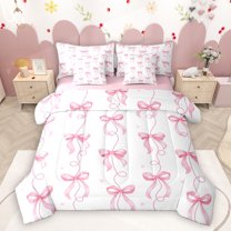 Homewish Ribbon Bow Tie 7-Piece Twin Bedding Sets,Girls Kawaii Bowknot Bedding Comforter Set,Pink White Sheet Sets For Kids,Breathable Home Decor Reversible