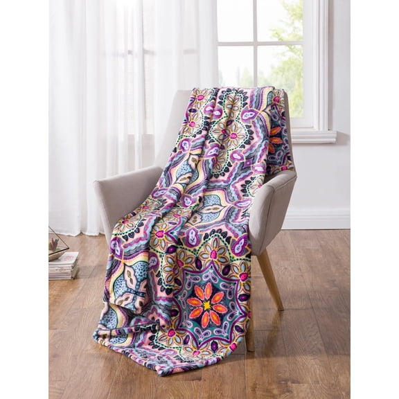Serafina Home Boho Velvet Fleece Throw Blanket: Soft Plush Bright Decorative Paisley Patterned Accent for Couch or Bed, Colored: Teal Hot Pink Purple Yellow Black