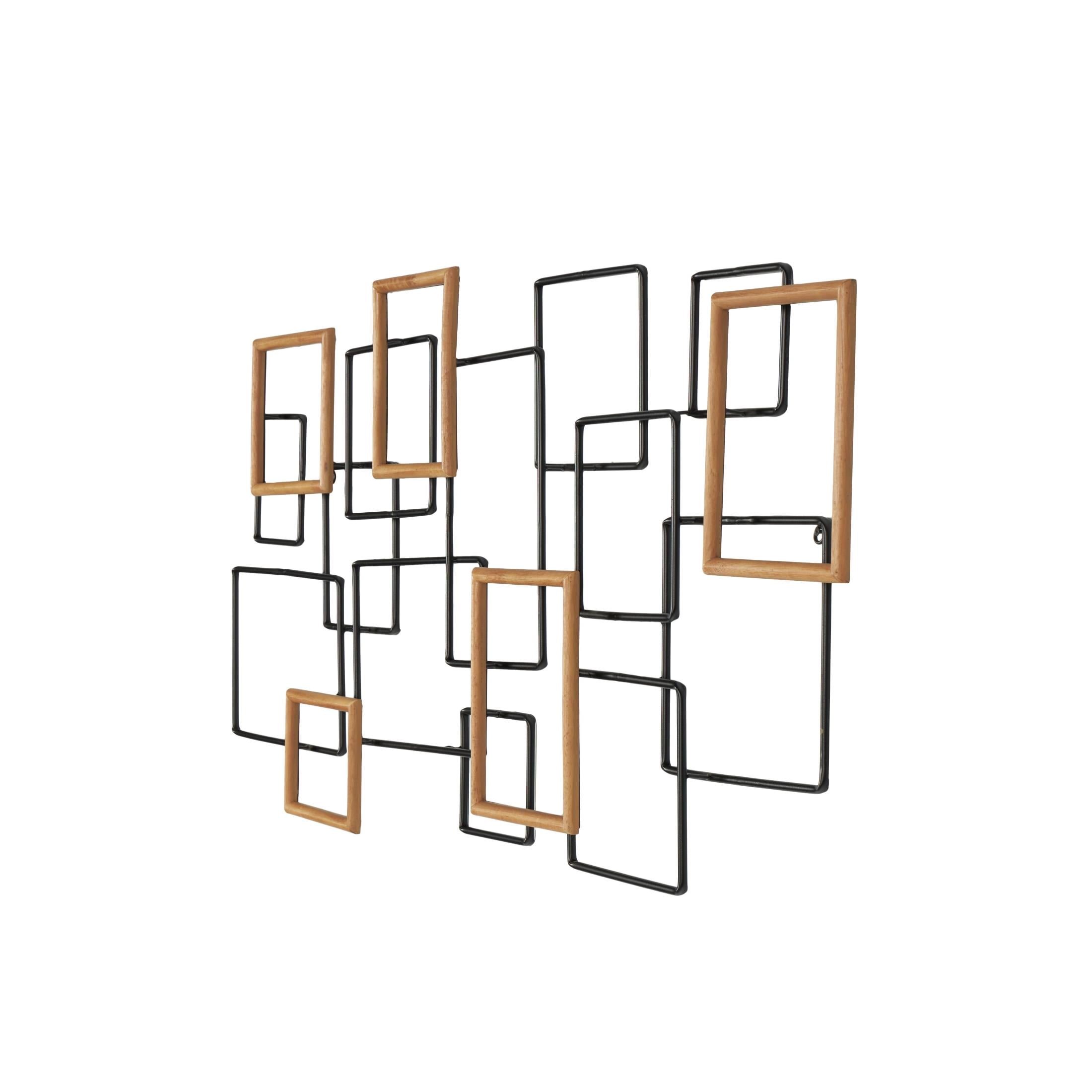 DecMode Black Metal Overlapping Wire Square Geometric Wall Decor with Gold Accents