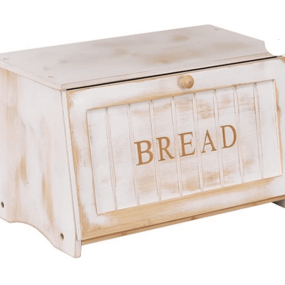 Vintage Large Wood Bread Box for Kitchen Counter, Retro Design Single Layer Bamboo Large Capacity Food Storage Bin (White)