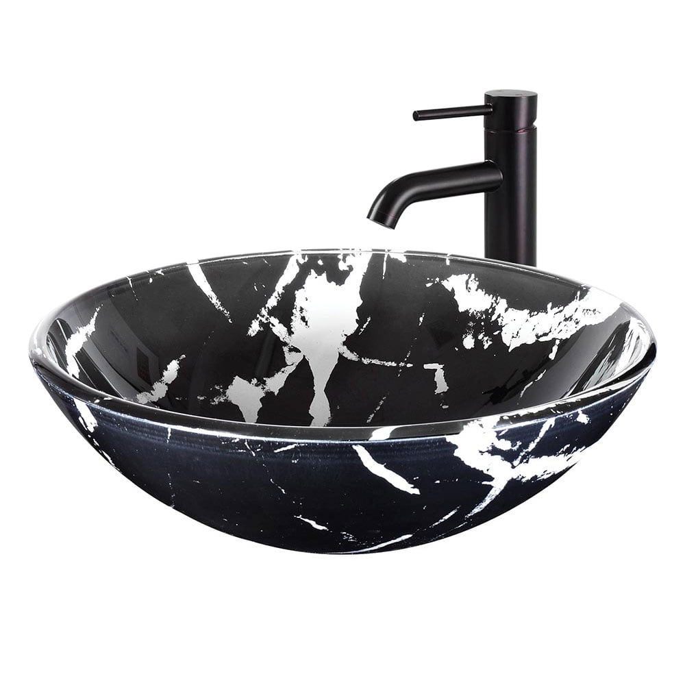 Aquaterior Tempered Glass Round Vessel Sink Artistic Marbling Pattern Above Counter Bathroom Lavatory Vanity Bowl Basin
